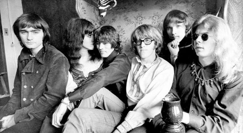 This Dec. 5, 1968 file photo shows the rock band Jefferson Airplane, Marty Balin, from left, Grace Slick, Spencer Dryden, Paul Kantner, Jorma Kaukonen and Jack Casady, as they pose in their Pacific Heights, San Francisco apartment.