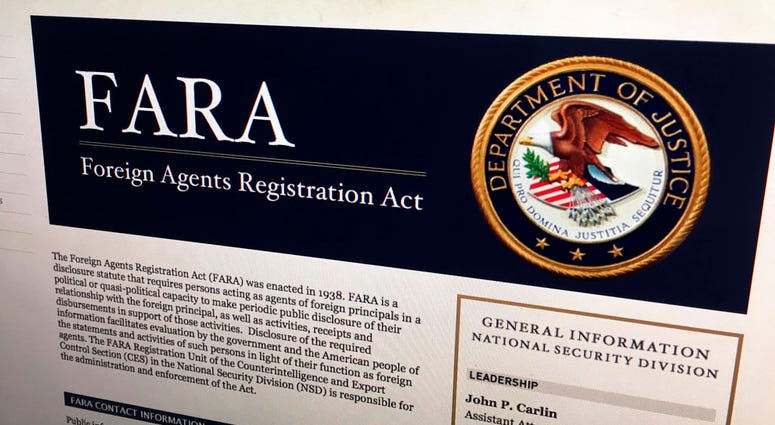 n this Aug. 18, 2016, file photo, a portion of the website for the website fara.gov, on the Foreign Agents Registration Act, is seen photographed in Washington.