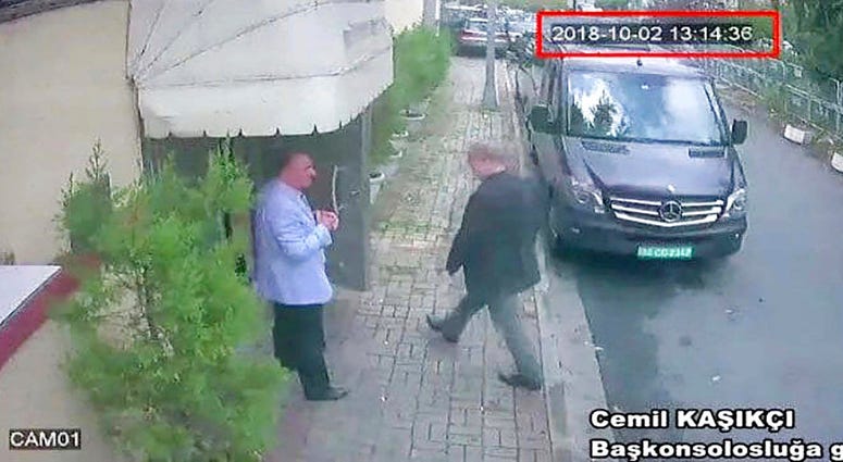This image taken from CCTV video obtained by the Turkish newspaper Hurriyet and made available on Tuesday, Oct. 9, 2018 claims to show Saudi journalist Jamal Khashoggi entering the Saudi consulate in Istanbul, Tuesday, Oct. 2, 2018