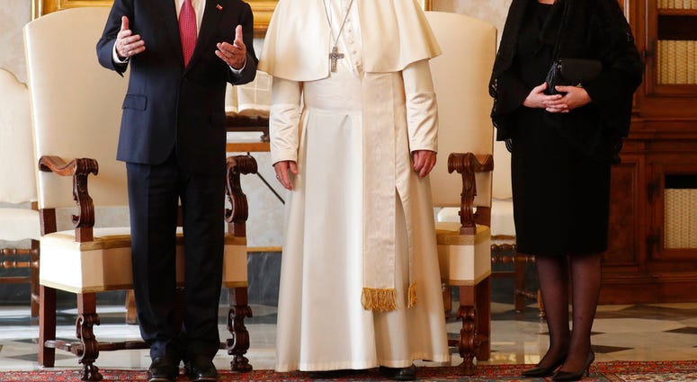 Pope Francis poses with Chile's President Sebastian Pinera and his wife Cecilia Morel during a private audience at the Vatican, Saturday, Oct. 13, 2018.