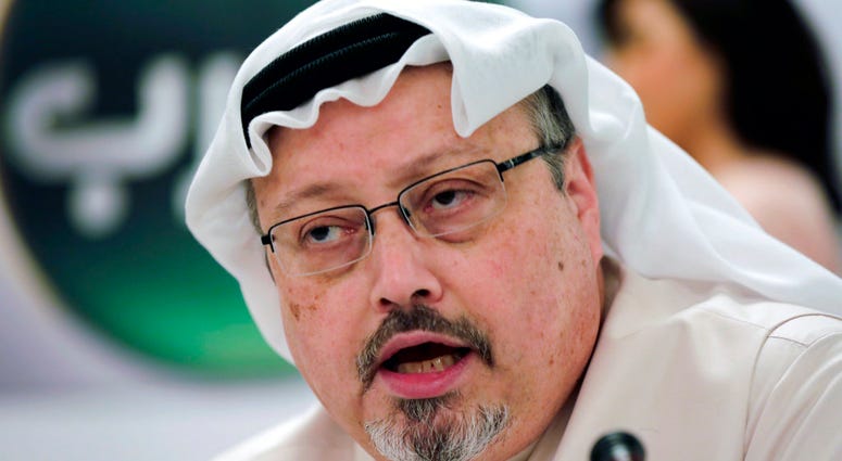 n this Feb. 1, 2015 file photo, Saudi journalist Jamal Khashoggi speaks during a news conference in Manama, Bahrain.
