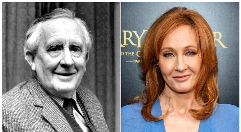 his combination photo shows J.R.R. Tolkien, author of "The Lord of the Rings," left, and J. K. Rowling, author of the "Harry Potter"