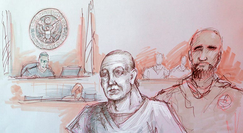 In this courtroom sketch, Cesar Sayoc, left, appears in federal court, Monday, Oct. 29, 2018, in Miami. (Daniel Pontet via AP)