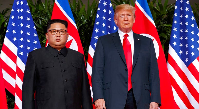 In this June. 12, 2018, file photo, U.S. President Donald Trump, right, meets with North Korean leader Kim Jong Un on Sentosa Island, in Singapore.