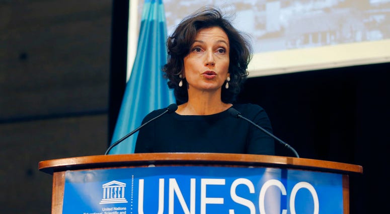UNESCO'S Director-General Audrey Azoulay delivers a speech during the presentation of the website to counter Holocaust denial and anti-Semitism at the UNESCO headquartered in Paris, France, Monday, Nov. 19, 2018.