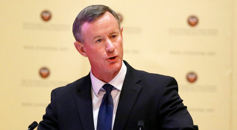 In this Aug. 21, 2014, file photo, Navy Adm. William McRaven addresses the Texas Board of Regents in Austin, Texas. President Donald Trump is drawing heavy criticism for faulting a war hero for not capturing al-Qaida leader Osama bin Laden sooner.