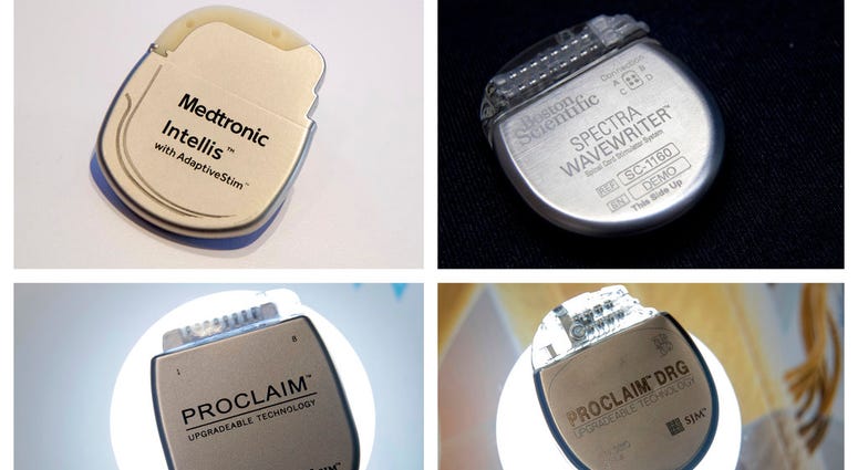 implantable neurostimulators, top row from left, the Medtronic Intellis and the Boston Scientific Spectra WaveWriter SCS. Bottom row from left are the Abbott/St. Jude's Proclaim 7 Implantable Pulse Generator and Proclaim DRG Implantable Pulse Generator