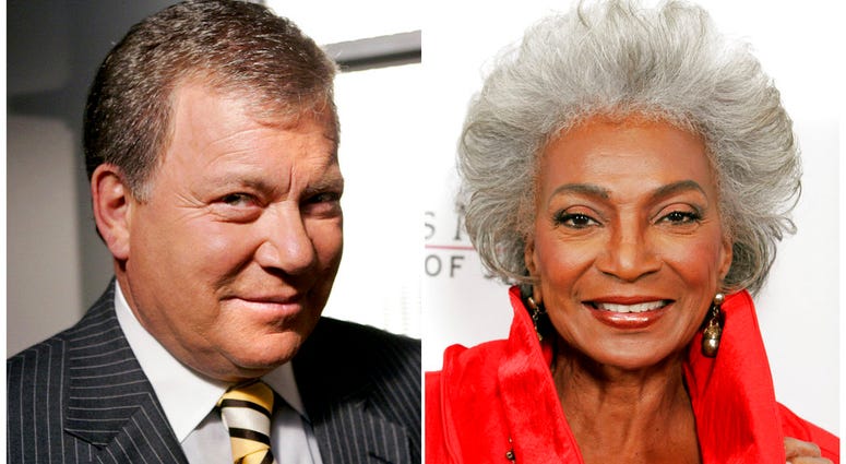This combination photo shows actor William Shatner on the set of ABC's "Boston Legal" in Manhattan Beach, Calif., on Sept. 13, 2004, left, and actress Nichelle Nichols attending an all-star tribute concert for jazz icon Herbie Hancock. (AP Photo) This combination photo shows actor William Shatner on the set of ABC's "Boston Legal" in Manhattan Beach, Calif., on Sept. 13, 2004, left, and actress Nichelle Nichols attending an all-star tribute concert for jazz icon Herbie Hancock. (AP Photo)
