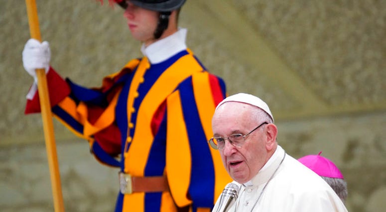 Pope Francis delivers his message during an audience for members of the dioceses of Molfetta and Ugento-Santa Maria di Leuca, at the Vatican, Saturday, Dec. 1, 2018.