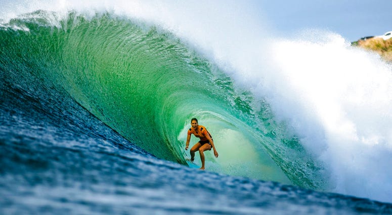 In this 2018 photo, Stephanie Gilmore of Australia competes at the Beachwaver Maui Pro, in Honolua, Hawaii.