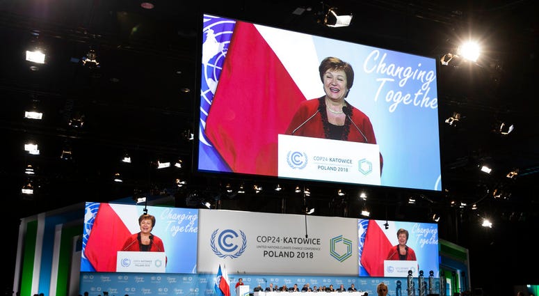 World Bank CEO Kristalina Georgieva speaks during the COP24 United Nations Climate Change Conference in Katowice, Poland, Monday, Dec. 3, 2018. (Peter Klaunzer/Keystone via AP)
