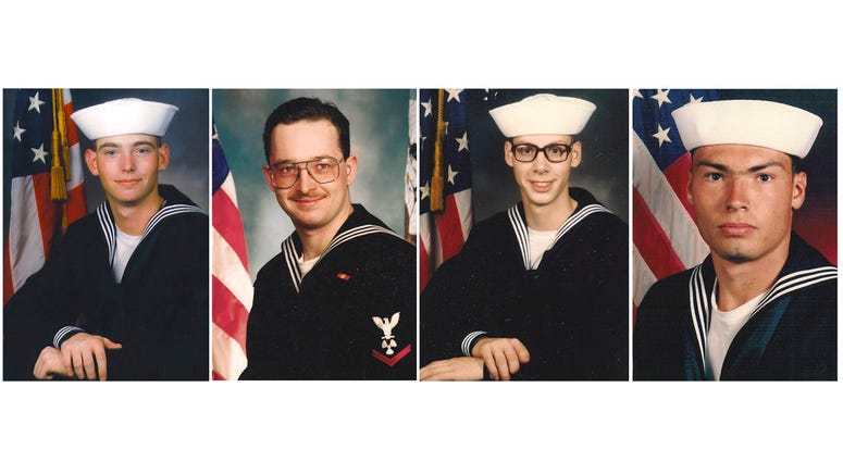 This file photo combination of images provided by the U.S. Navy shows former sailors Eric Wilson, left photo, Danial Williams, second from left, Joe Dick, second from right, and Derek Tice, in undated file photos.