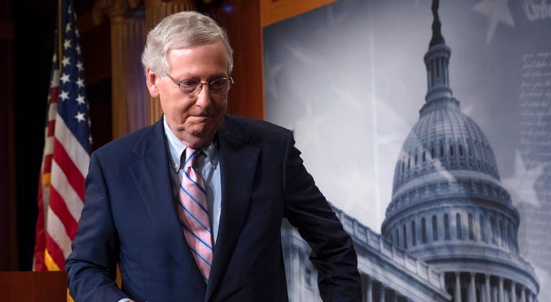 n this Oct. 6, 2018 file photo, Senate Majority Leader Mitch McConnell, R-Ky., finishes speaking to reporters at the Capitol in Washington.