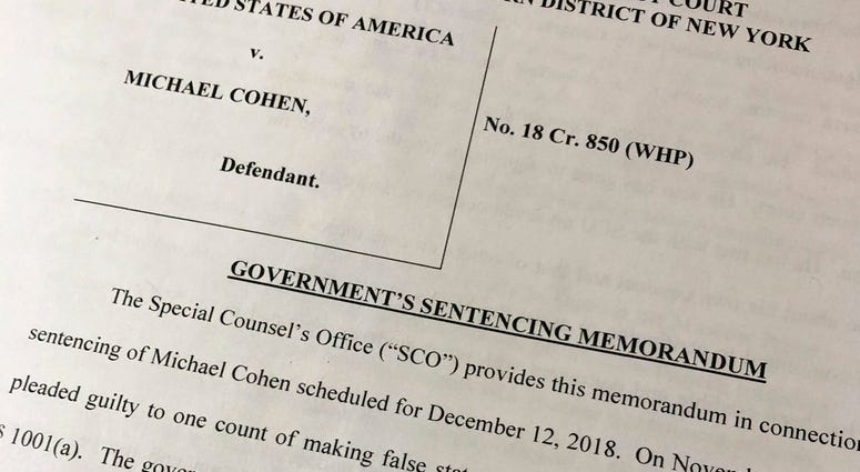 A portion of a court filing by prosecutors from the special counsel's office released Friday, Dec. 7, 2018, laid out for the first time details of Cohen's cooperation with investigators and took positions on the punishment he should face.