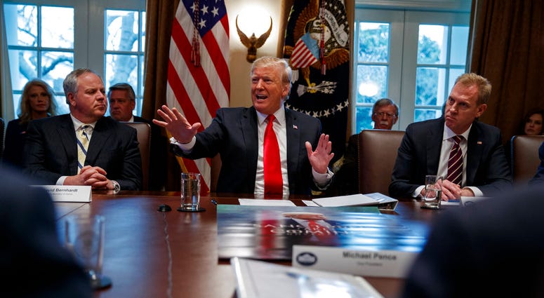 Acting Secretary of the Interior David Bernhardt, left, and acting Secretary of Defense Patrick Shanahan, right, listen as President Donald Trump speaks during a cabinet meeting at the White House, Wednesday, Jan. 2, 2019. (AP Photo/Evan Vucci)