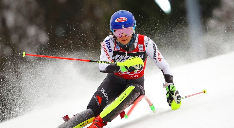 United States' Mikaela Shiffrin speeds down the course during the first run of a women's World Cup slalom, in Zagreb, Croatia, Saturday, Jan. 5, 2019.
