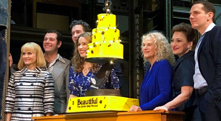 n this Saturday, Jan. 12, 2019, photo Carole King, third from right, poses for photos with the cast of “Beautiful: The Carole King Musical” at the Stephen Sondheim Theatre after a performance in New York