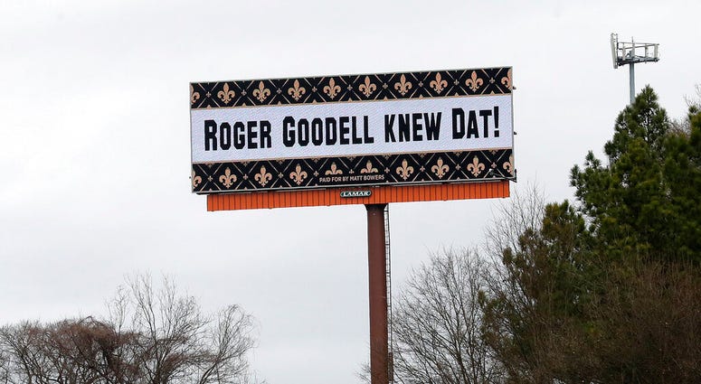 A billboard protesting a controversial call in Sunday's NFL football game between the New Orleans Saints and Los Angeles Rams is shown along I75 near Hartsfield Jackson Atlanta International Airport in Atlanta Tuesday, Jan. 22, 2019