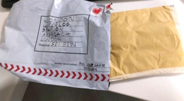 In this handout photo provided by Sky News, a suspect package that was sent to Waterloo station is seen in England, Tuesday, March 5, 2019. Britain’s counter-terrorism police are investigating after three suspicious packages were found in London, includin