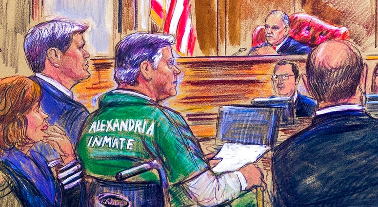 This March 7, 2019, courtroom sketch depicts former Trump campaign chairman Paul Manafort, center in a wheelchair, during his sentencing hearing in federal court before judge T.S. Ellis III in Alexandria, Va. (Dana Verkouteren via AP) This March 7, 2019, courtroom sketch depicts former Trump campaign chairman Paul Manafort, center in a wheelchair, during his sentencing hearing in federal court before judge T.S. Ellis III in Alexandria, Va. (Dana Verkouteren via AP)