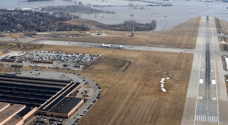 This March 17, 2019 photo released by the U.S. Air Force shows an aerial view of Offutt Air Force Base and the surrounding areas affected by flood waters. (Tech. Sgt. Rachelle Blake/The U.S. Air Force via AP)