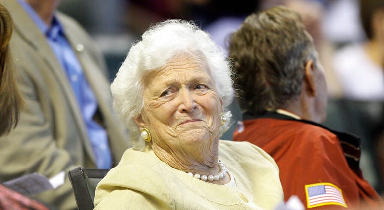 FILE- This April 18, 2009 file photo shows former first lady Barbara Bush during the third inning of a Major League Baseball game in Houston. (AP Photo/David J. Phillip, File) FILE- This April 18, 2009 file photo shows former first lady Barbara Bush during the third inning of a Major League Baseball game in Houston. (AP Photo/David J. Phillip, File)