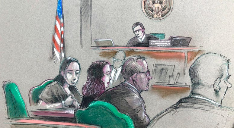 In this artist sketch, a Chinese woman, Yujing Zhang, left, listens to a hearing Monday, April 8, 2019, before federal Magistrate Judge William Matthewman in West Palm Beach. (Daniel Pontet via AP) In this artist sketch, a Chinese woman, Yujing Zhang, left, listens to a hearing Monday, April 8, 2019, before federal Magistrate Judge William Matthewman in West Palm Beach. (Daniel Pontet via AP)