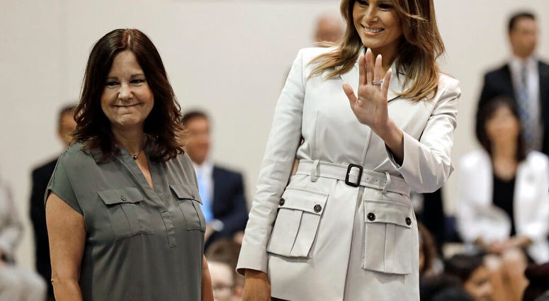 First lady Melania Trump, right, and second lady Karen Pence, left, greet students at Albritton Middle School in Fort Bragg, N.C., Monday, April 15, 2019. (AP Photo/Chuck Burton) First lady Melania Trump, right, and second lady Karen Pence, left, greet students at Albritton Middle School in Fort Bragg, N.C., Monday, April 15, 2019. (AP Photo/Chuck Burton)