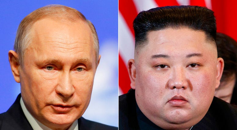 FILE - This combination file photo, shows Russian President Vladimir Putin, left, in St. Petersburg, Russia, April 9, 2019, and North Korean leader Kim Jong Un in Hanoi, Vietnam, on Feb. 28, 2019. (AP Photo/Dmitri Lovetsky, Evan Vucci, File) FILE - This combination file photo, shows Russian President Vladimir Putin, left, in St. Petersburg, Russia, April 9, 2019, and North Korean leader Kim Jong Un in Hanoi, Vietnam, on Feb. 28, 2019. (AP Photo/Dmitri Lovetsky, Evan Vucci, File)