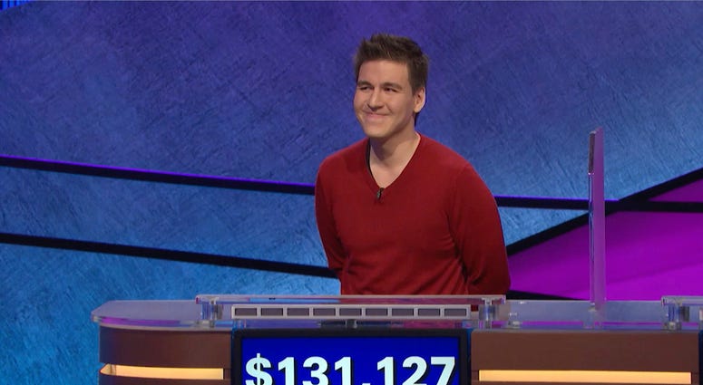 FILE - This file image made from video and provided by Jeopardy Productions, Inc. shows "Jeopardy!" contestant James Holzhauer on an episode that aired on April 17, 2019. (Jeopardy Productions, Inc. via AP) FILE - This file image made from video and provided by Jeopardy Productions, Inc. shows "Jeopardy!" contestant James Holzhauer on an episode that aired on April 17, 2019. (Jeopardy Productions, Inc. via AP)