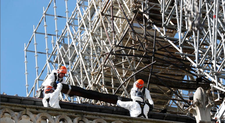 Workers install protections on Notre Dame cathedral Wednesday, April 24, 2019 in Paris. (AP Photo/Thibault Camus) Workers install protections on Notre Dame cathedral Wednesday, April 24, 2019 in Paris. (AP Photo/Thibault Camus)