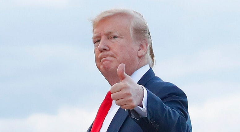 In this April 21, 2019 photo, President Donald Trump gives a 'thumbs-up' as he walks across the tarmac during his arrival on Air Force One at Andrews Air Force Base, Md. (AP Photo/Pablo Martinez Monsivais) In this April 21, 2019 photo, President Donald Trump gives a 'thumbs-up' as he walks across the tarmac during his arrival on Air Force One at Andrews Air Force Base, Md. (AP Photo/Pablo Martinez Monsivais)
