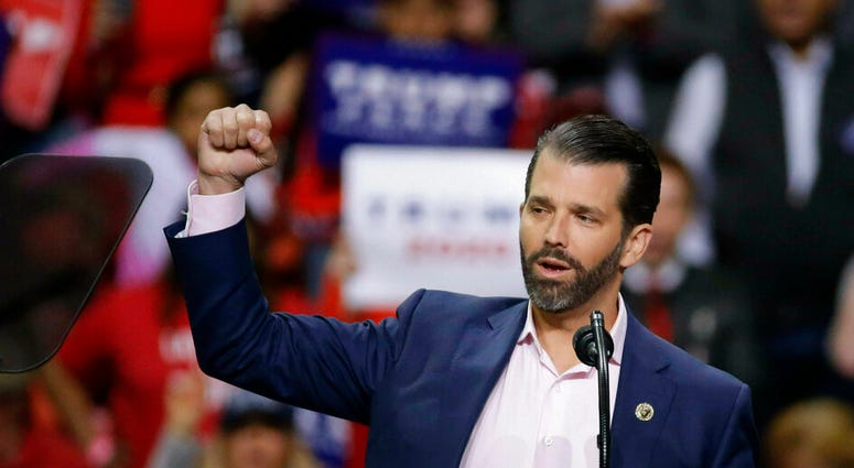 Donald Trump Jr. speaks ahead of his father President Donald Trump at a rally Saturday, April 27, 2019, in Green Bay, Wis. (AP Photo/Mike Roemer)