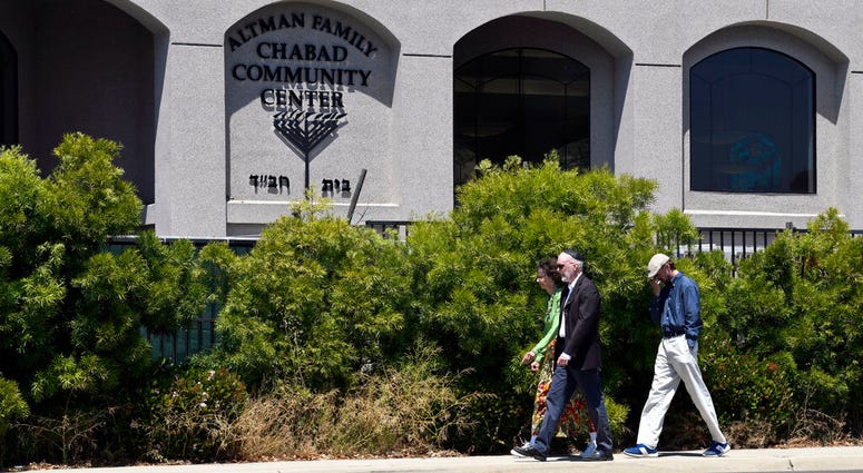 In this April 27, 2019 file photo, synagogue members walk outside of the Chabad of Poway Synagogue in Poway, Calif. (AP Photo/Denis Poroy)