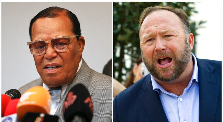 This combination of file photo shows minister Louis Farrakhan, the leader of the Nation of Islam, in Tehran, Iran, on Nov. 8, 2018, left, and conspiracy theorist Alex Jones in Washington on Sept. 5, 2018, right. (AP)