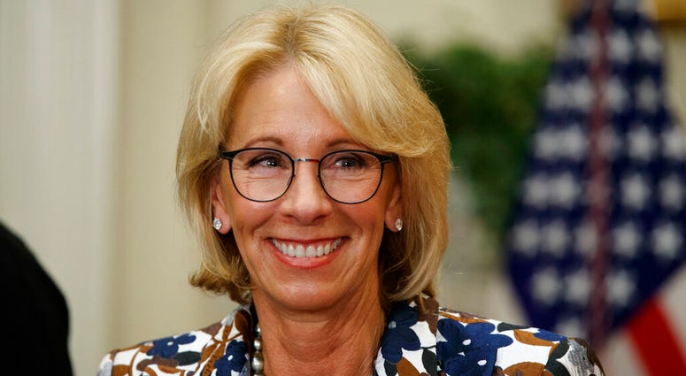 In this May 3, 2017, file photo Education Secretary Betsy DeVos speaks during a school choice event in the Roosevelt Room of the White House in Washington. (AP Photo/Evan Vucci, File)