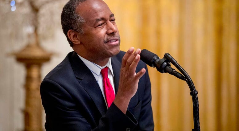 In this Oct. 26, 2018, file photo, Housing and Urban Development Secretary Ben Carson speaks to the audience before President Donald Trump speaks at the 2018 Young Black Leadership Summit in the East Room of the White House. (AP Photo/Andrew Harnik, File)