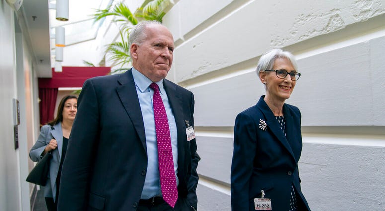 Former CIA Director John Brennan, left, and Wendy Sherman, right, a former State Department official and top negotiator of the Iran nuclear deal, arrive to meet with Speaker of the House Nancy Pelosi, D-Calif. (AP Photo/J. Scott Applewhite) Former CIA Director John Brennan, left, and Wendy Sherman, right, a former State Department official and top negotiator of the Iran nuclear deal, arrive to meet with Speaker of the House Nancy Pelosi, D-Calif. (AP Photo/J. Scott Applewhite)
