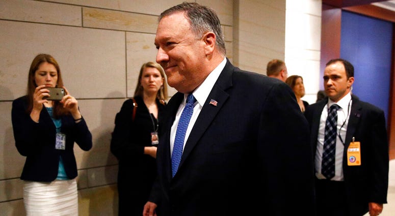 Secretary of State Mike Pompeo arrives at a classified briefing for members of Congress on Iran, Tuesday, May 21, 2019, on Capitol Hill in Washington.(AP Photo/Patrick Semansky)
