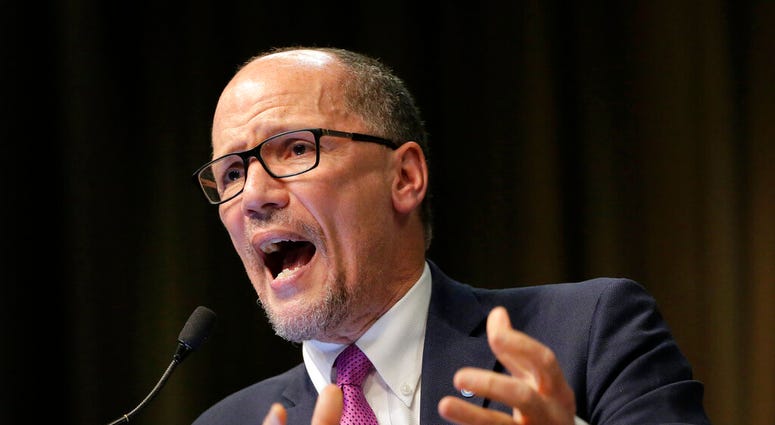 In this April 3, 2019, photo, Tom Perez, chairman of the Democratic National Committee, speaks during the National Action Network Convention in New York.