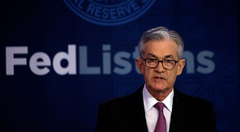 Federal Reserve Chairman Jerome Powell speaks at a conference involving its review of its interest-rate policy strategy and communications, Tuesday, June 4, 2019, in Chicago. (AP Photo/Kiichiro Sato)