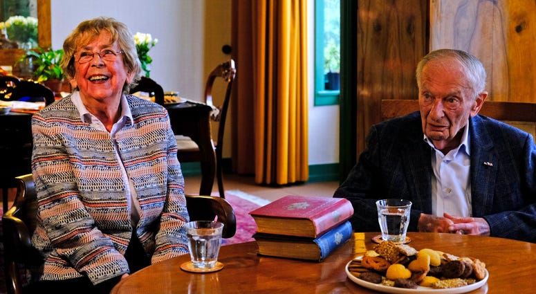 Jacqueline van Maarsen, left, and Albert Gomes de Mesquita, school friends of Anne Frank, talk to students during an event to mark what would have been Anne Frank's 90th birthday, in Amsterdam on Wednesday, June 12, 2019. (AP Photo/Michael C. Corder) Jacqueline van Maarsen, left, and Albert Gomes de Mesquita, school friends of Anne Frank, talk to students during an event to mark what would have been Anne Frank's 90th birthday, in Amsterdam on Wednesday, June 12, 2019. (AP Photo/Michael C. Corder)