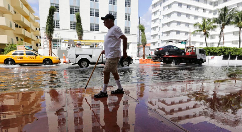 In this Sept. 30, 2015 file photo, Louis Fernandez walks along a flooded street in Miami Beach, Fla. (AP Photo/Lynne Sladky, File)