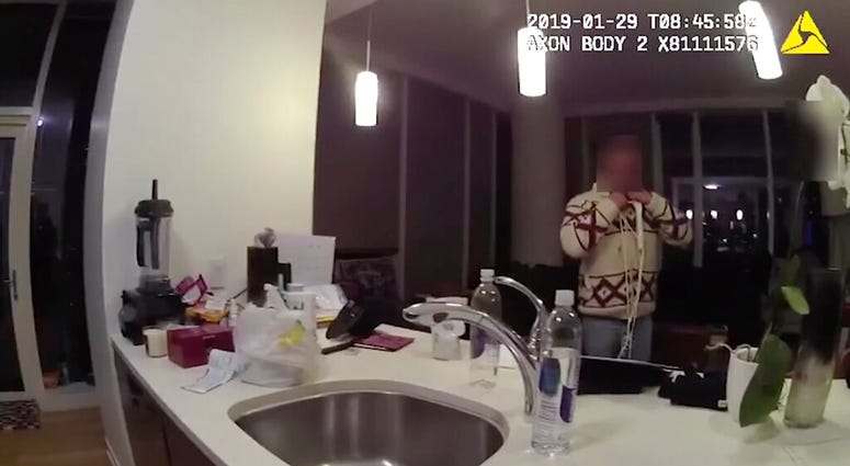 This Jan. 29, 2019, image made from police body cam video provided by the Chicago Police Department purports to show Jussie Smollett, with a white rope wrapped around his neck. (Chicago Police Department via AP) This Jan. 29, 2019, image made from police body cam video provided by the Chicago Police Department purports to show Jussie Smollett, with a white rope wrapped around his neck. (Chicago Police Department via AP)