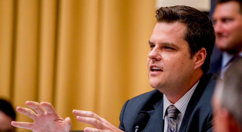 ILE - In this June 10, 2019 file photo, Rep. Matt Gaetz, R-Fla., questions former White House counsel for the Nixon Administration John Dean during a House Judiciary Committee hearing on the Mueller Report on Capitol Hill in Washington. The House Ethics C