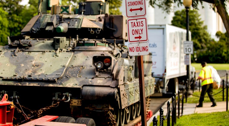 One of two Bradley Fighting Vehicles is parked nearby the Lincoln Memorial for President Donald Trump's 'Salute to America' event honoring service branches on Independence Day, Tuesday, July 2, 2019. (AP Photo/Andrew Harnik)