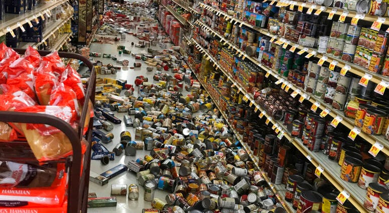 This photo provided by Adam Graehl shows food that fell from shelves on the floor at the Stater Bros. on China Lake Blvd., in Ridgecrest, Calif., Thursday, July 4, 2019. The strongest earthquake in 20 years shook a large swath of Southern California and p