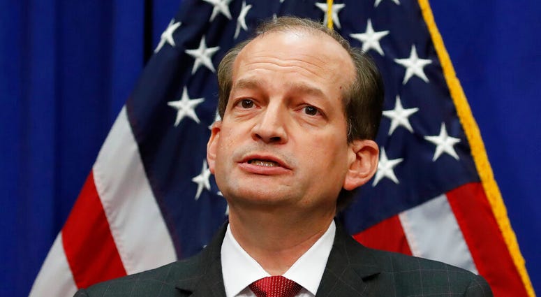 Labor Secretary Alex Acosta speaks during a media availability at the Department of Labor, Wednesday, July 10, 2019, in Washington. (AP Photo/Alex Brandon)
