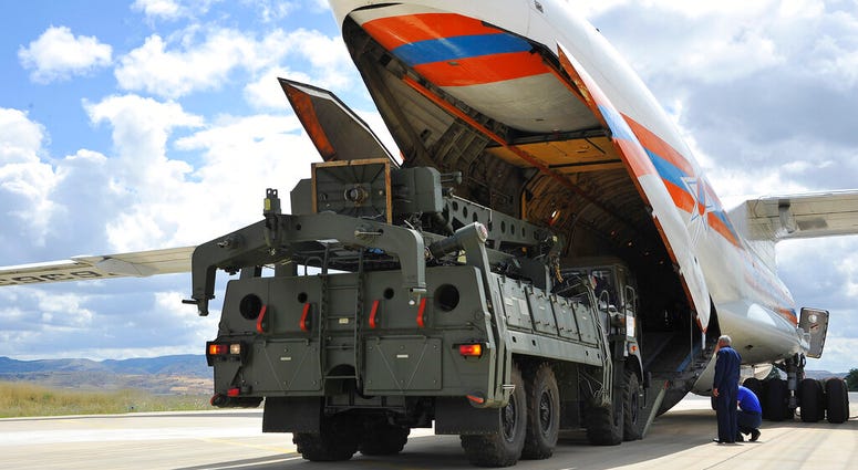 Military vehicles and equipment, parts of the S-400 air defense systems, are unloaded from a Russian transport aircraft, at Murted military airport in Ankara, Turkey. (Turkish Defence Ministry via AP, Pool) Military vehicles and equipment, parts of the S-400 air defense systems, are unloaded from a Russian transport aircraft, at Murted military airport in Ankara, Turkey. (Turkish Defence Ministry via AP, Pool)