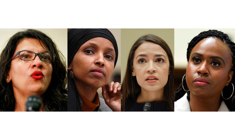 In this combination image from left; Rep. Rashida Tlaib, D-Mich., July 10, 2019, Washington, Rep. Ilhan Omar, D-Minn., March 12, 2019, in Washington, Rep. Alexandria Ocasio-Cortez, D-NY., July 12, 2019, in Washington, and Rep. Ayanna Pressley, D-Mass., Ju